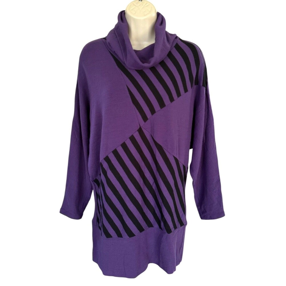 Women's Long Bat Sleeve Sweater Tunic Cowl Neck Size L Purple Black Striped